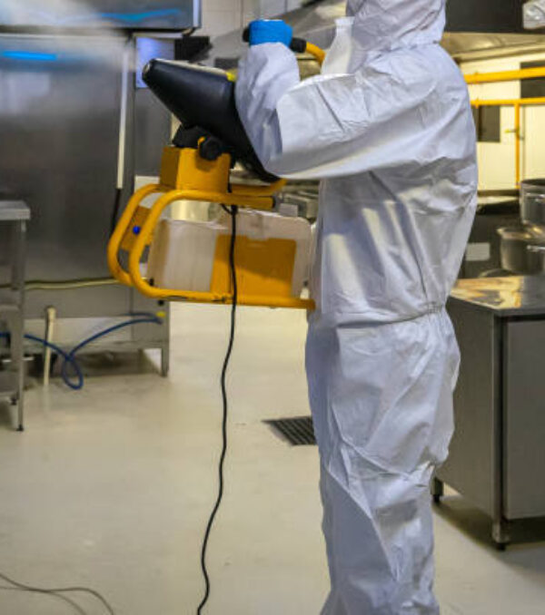 man in protective equipment disinfects with a spray gun industrial kitchen surfaces due to coronavirus covid-19 .Virus pandemic